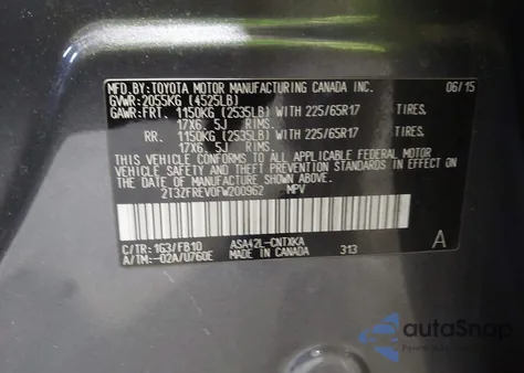 2015 Toyota Rav4 Le z USA, uszkodzony, nr VIN 2T3ZFREV0FW200962